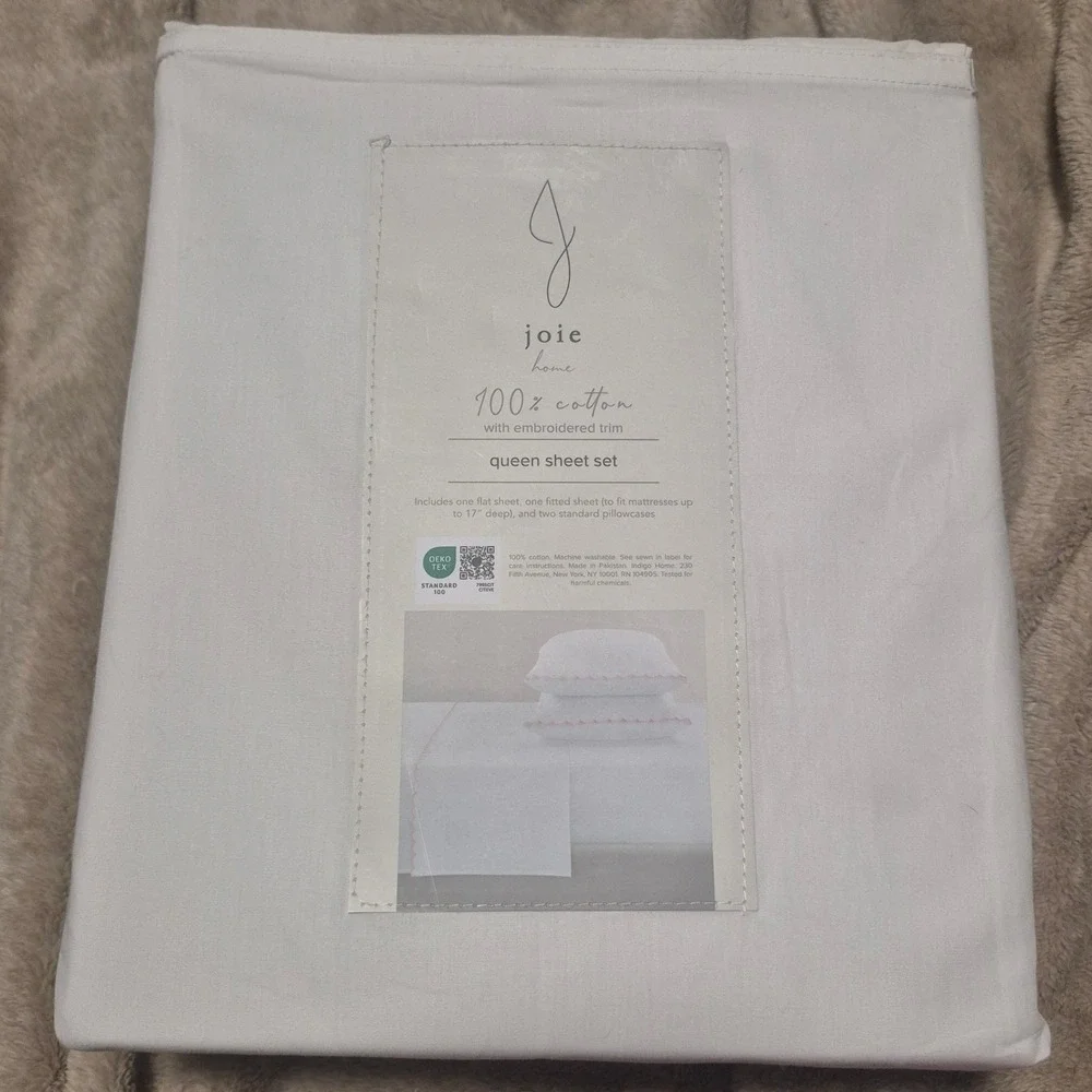 Joie Home Queen Sheet Set 100% Cotton White Pink Scalloped Embroidered Trim 4pc
